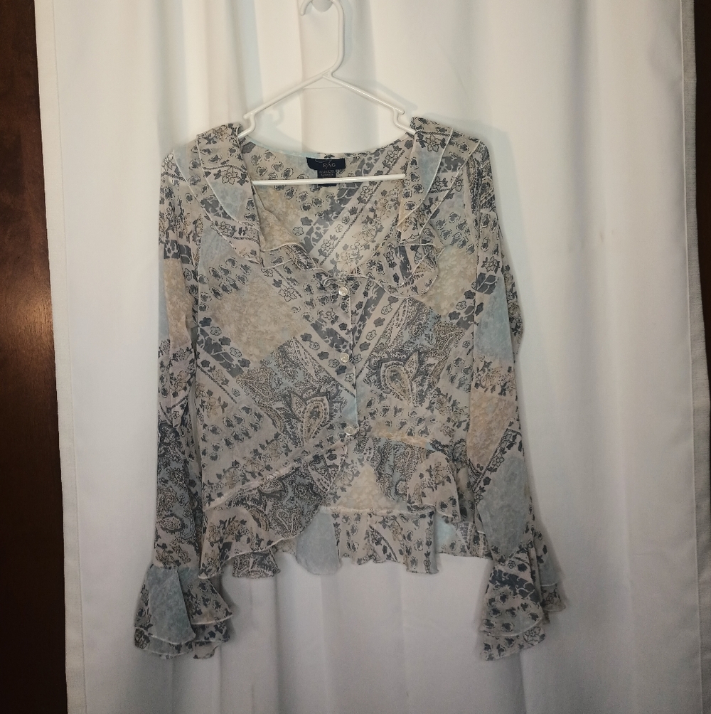 RAG Womens Y2K Fairy Bell Sleeve Top Medium Sheer Ruffle Renaissance Edwardian